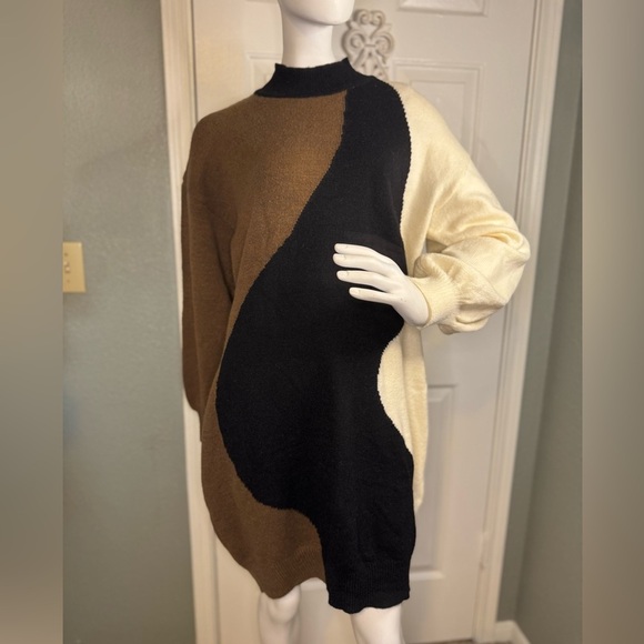 Women's Mock Neck Abstract Colorblock Knit Sweater Dress. - Picture 1 of 11